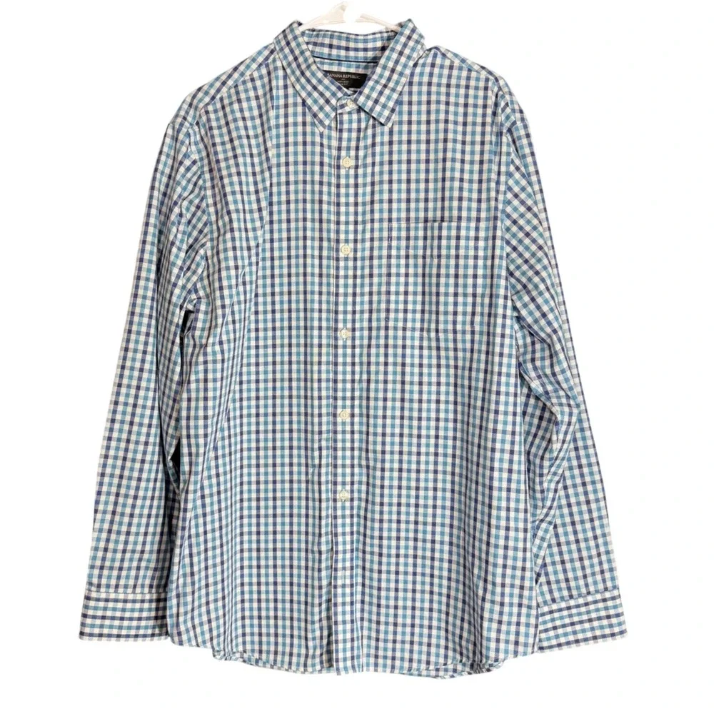Banana Republic Mens Size XL (17-17.5) Non-Iron Slim Fit Dress Shirt Blue Check